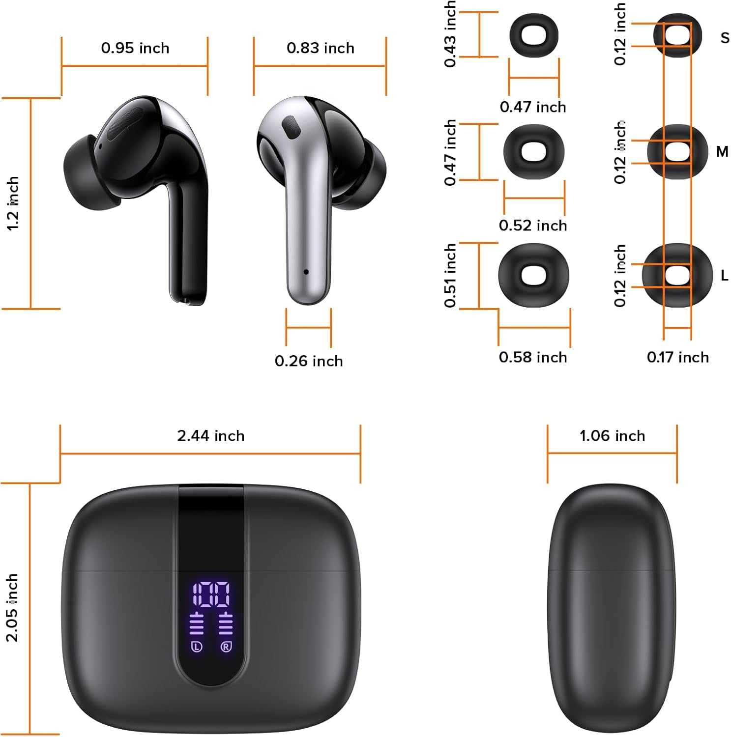 Bluetooth Headphones True Wireless Earbuds 60H Playback LED Power Display Earphones with Wireless Charging Case IPX5 Waterproof In-Ear Ear Buds with Mic for TV Smart Phone Laptop Computer Sports