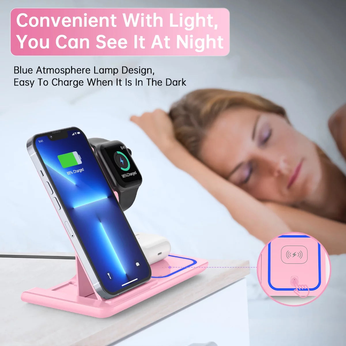 Wireless Charger, 18W 3 in 1 Wireless Charging Station for Iphone 17 16E 15 14 13 12 Pro, Fast Charger Stand for Iwatch SE 9-11 6-8 2-5, Airpods 4/3/2/Pro, Samsung Galaxy Seires (Pink)