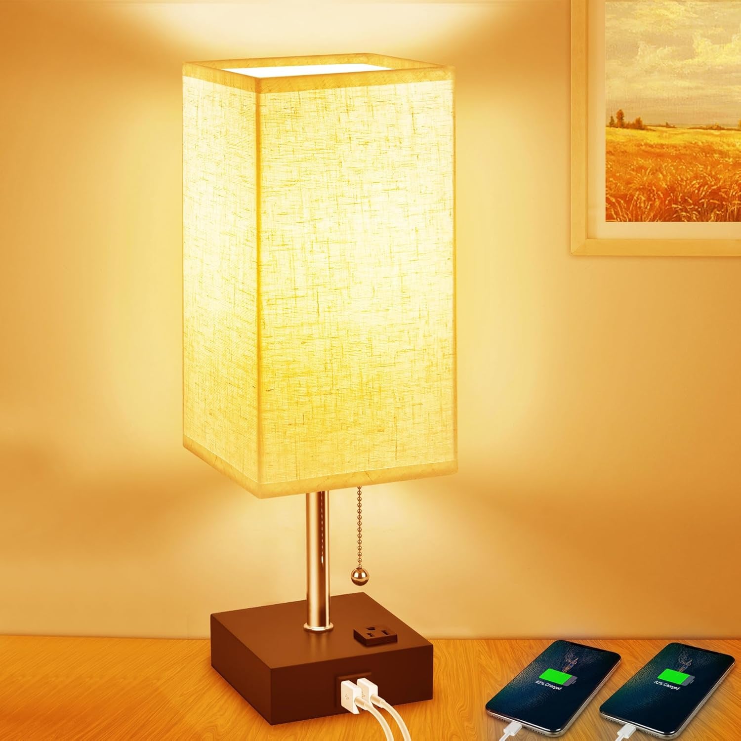 USB Table Lamp, Small Lamp Bedside Lamp with USB Port to Recharging Your Devices,Warm LED Bulb Included,Ambient Light, Fabric Shade, Nightstand Lamp Perfect for Bedroom