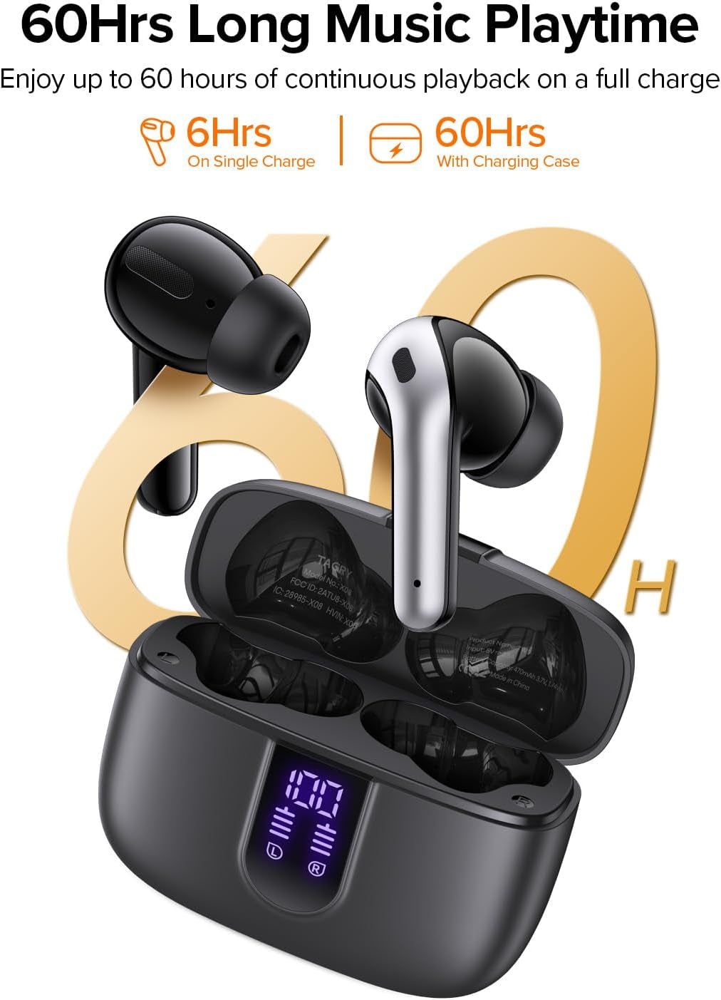 Bluetooth Headphones True Wireless Earbuds 60H Playback LED Power Display Earphones with Wireless Charging Case IPX5 Waterproof In-Ear Ear Buds with Mic for TV Smart Phone Laptop Computer Sports