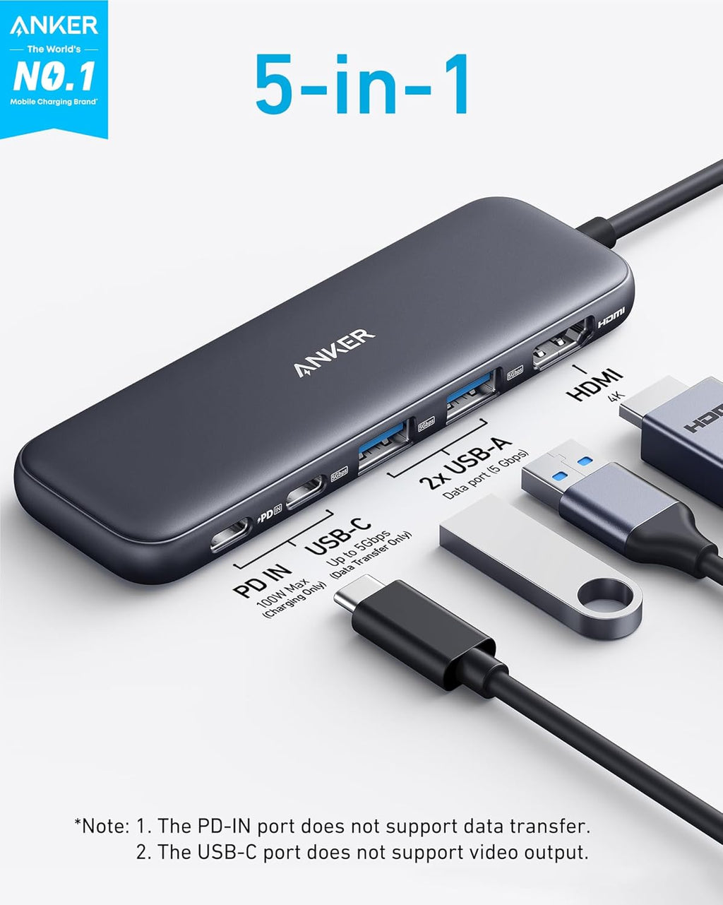 USB C Hub, 5-In-1 USBC to HDMI Splitter with 4K Display, 1 X Powered USB-C 5Gbps & 2×Powered USB-A 3.0 5Gbps Data Ports for Macbook Pro, Macbook Air, Dell and More