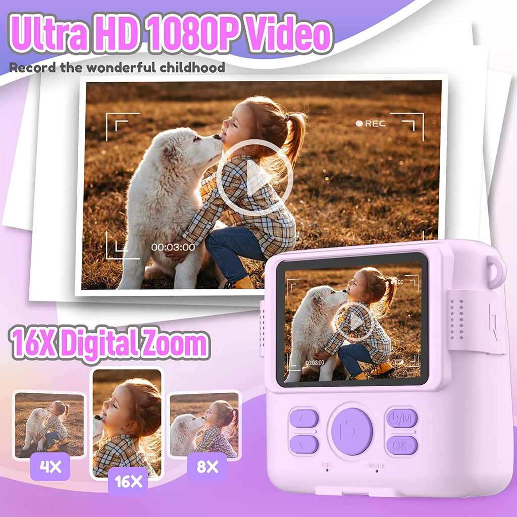 Instant Print Camera for Kids, Christmas Birthday Gifts for Girls Boys Age 3-12,Kids Digital Cameras for Toddler, Portable Toy for 3 4 5 6 7 8 9 10 Year Old Girl with 32GB SD Card-Purple
