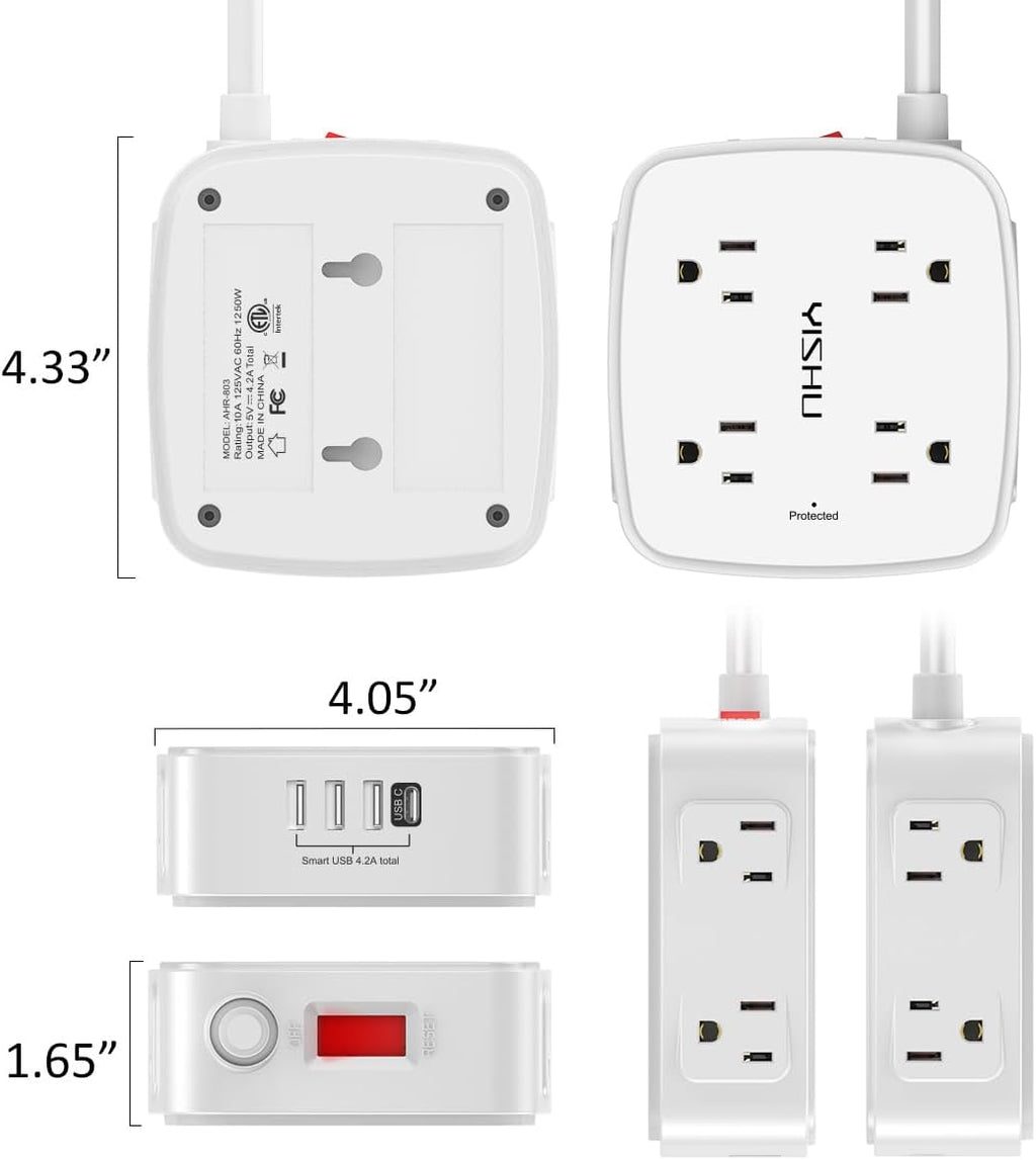 6 Ft Surge Protector Power Strip - 8 Widely Outlets with 4 USB Ports, 3 Side Outlet Extender with 6 Feet Extension Cord, Flat Plug, Wall Mount, Desk USB Charging Station, Etl,White