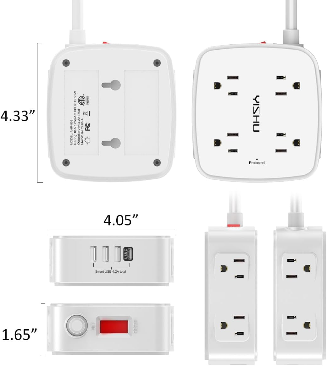 6 Ft Surge Protector Power Strip - 8 Widely Outlets with 4 USB Ports, 3 Side Outlet Extender with 6 Feet Extension Cord, Flat Plug, Wall Mount, Desk USB Charging Station, Etl,White