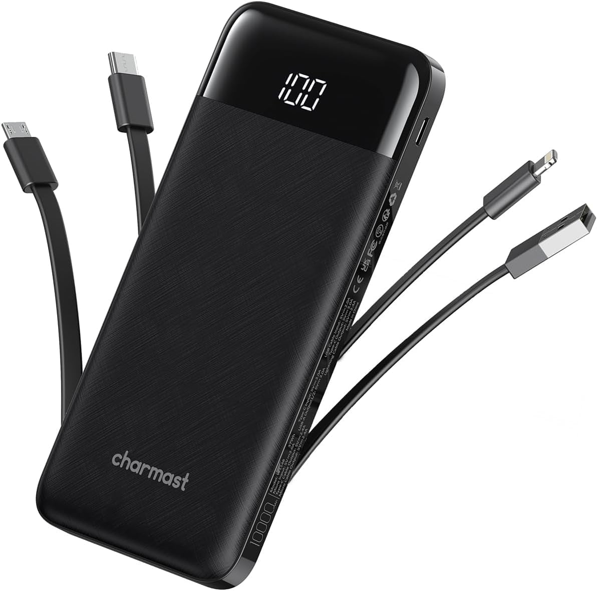 Portable Charger with Built in Cables, Power Bank with Cords Wires, Slim 10000Mah Travel Battery Pack 6 Outputs 3 Inputs 3A Fast Charging for Samsung Google Pixel LG Moto Iphone Ipad