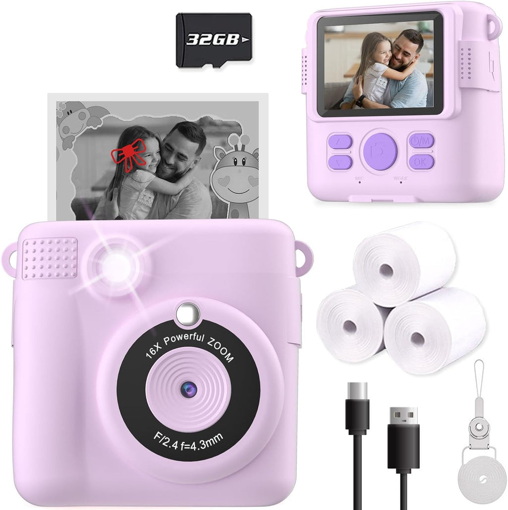 Instant Print Camera for Kids, Christmas Birthday Gifts for Girls Boys Age 3-12,Kids Digital Cameras for Toddler, Portable Toy for 3 4 5 6 7 8 9 10 Year Old Girl with 32GB SD Card-Purple