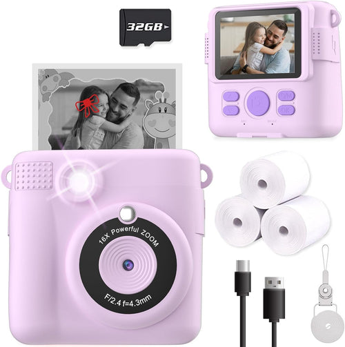 Instant Print Camera for Kids, Christmas Birthday Gifts for Girls Boys Age 3-12,Kids Digital Cameras for Toddler, Portable Toy for 3 4 5 6 7 8 9 10 Year Old Girl with 32GB SD Card-Purple