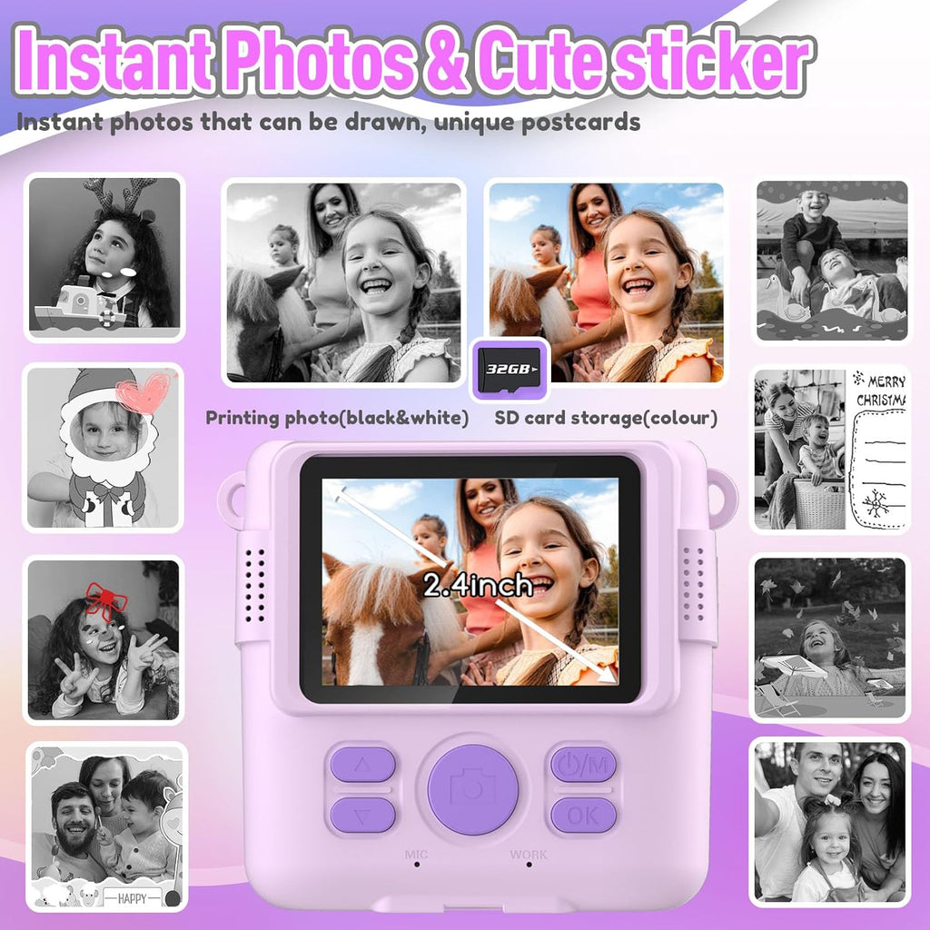 Instant Print Camera for Kids, Christmas Birthday Gifts for Girls Boys Age 3-12,Kids Digital Cameras for Toddler, Portable Toy for 3 4 5 6 7 8 9 10 Year Old Girl with 32GB SD Card-Purple