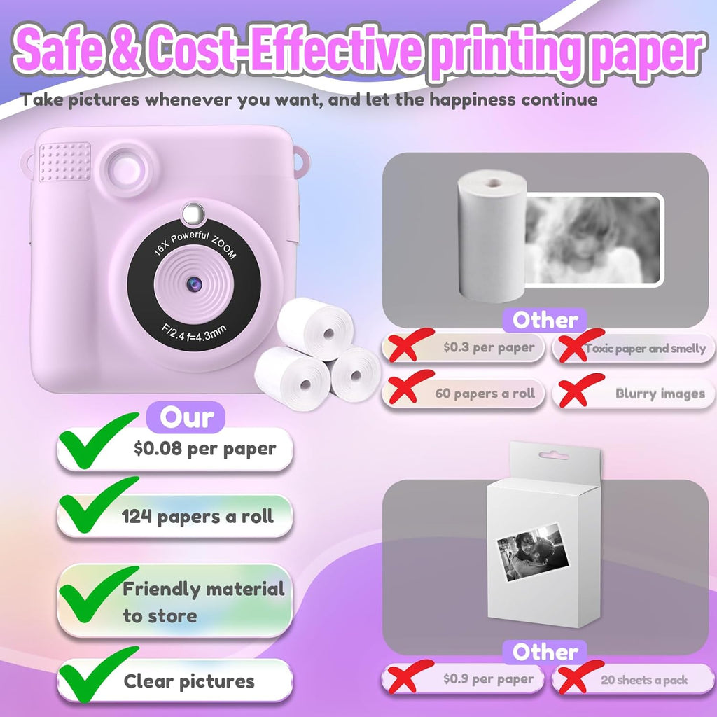 Instant Print Camera for Kids, Christmas Birthday Gifts for Girls Boys Age 3-12,Kids Digital Cameras for Toddler, Portable Toy for 3 4 5 6 7 8 9 10 Year Old Girl with 32GB SD Card-Purple